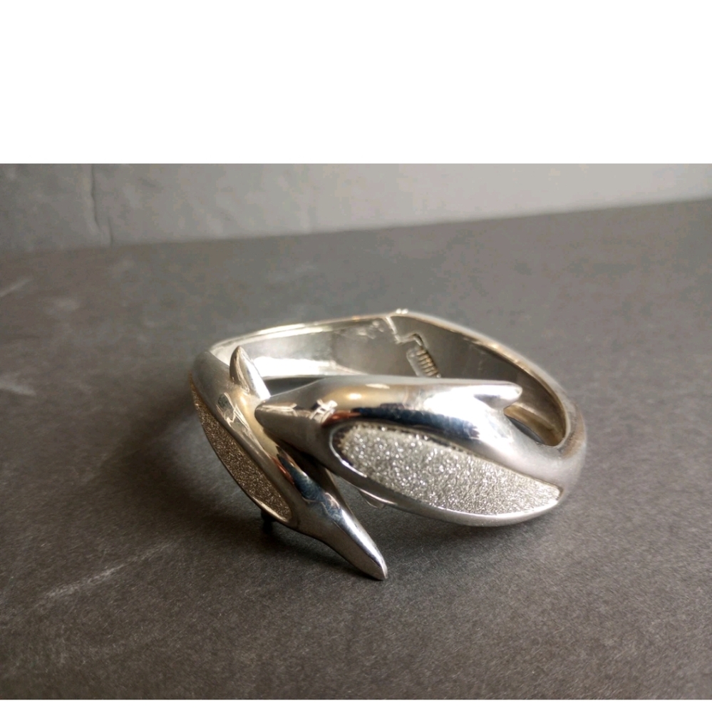 Silvertone Two Dolphins Hinged Bangle Bracelet